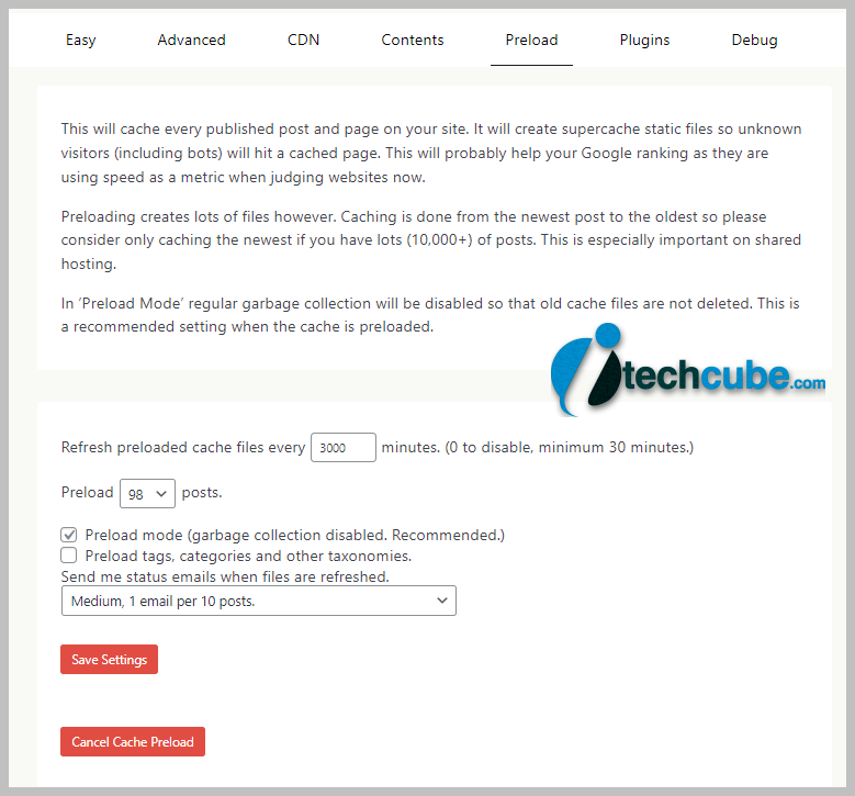 WP Super Cache Plugin Advance Settings & Configuration 2024 Guide wp super cache preload setting 1